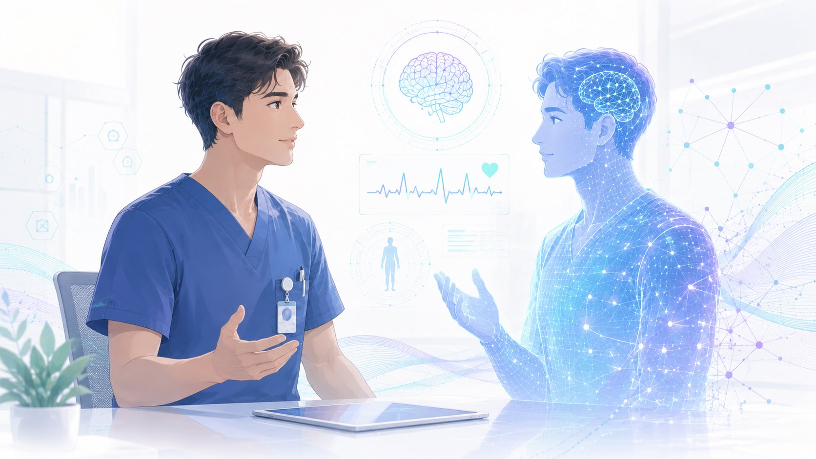 護理師與 AI 數位分身對話的插圖，象徵人與智慧科技的協作